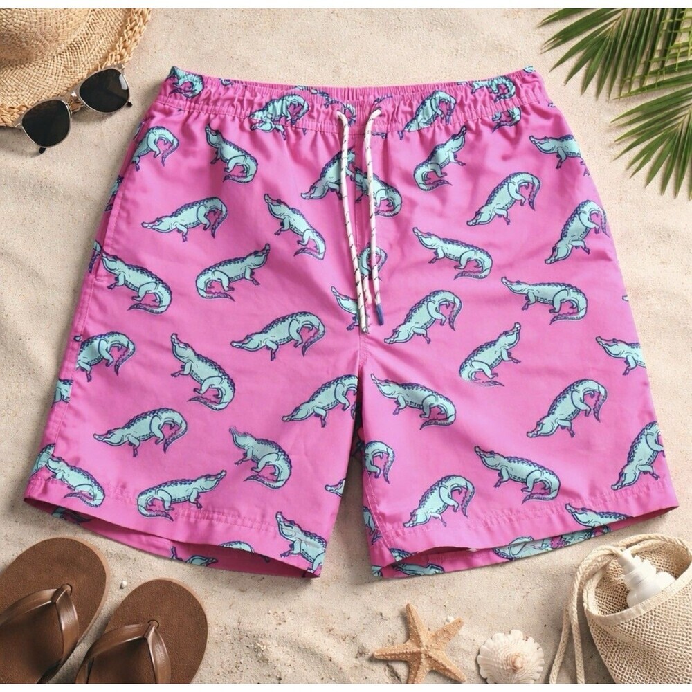 Member’s Mark Men's Hot Pink Alligator Swim Trunks Elastic Waist Beach Swim Med